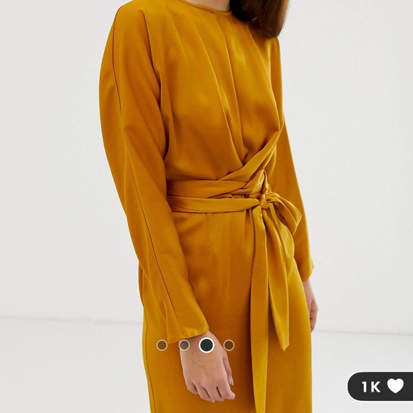 ASOS DESIGN satin maxi dress with batwing sleeve and wrap waist in mustard - Picture 2 of 7